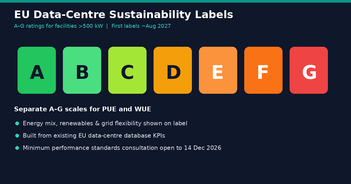 Diagram of EU A–G data-centre sustainability rating scale covering energy, water and grid flexibility
