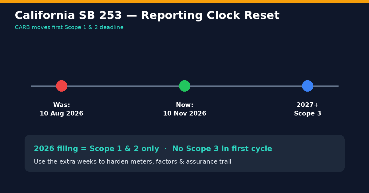 Timeline showing California SB 253 Scope 1 and 2 deadline moved to 10 November 2026